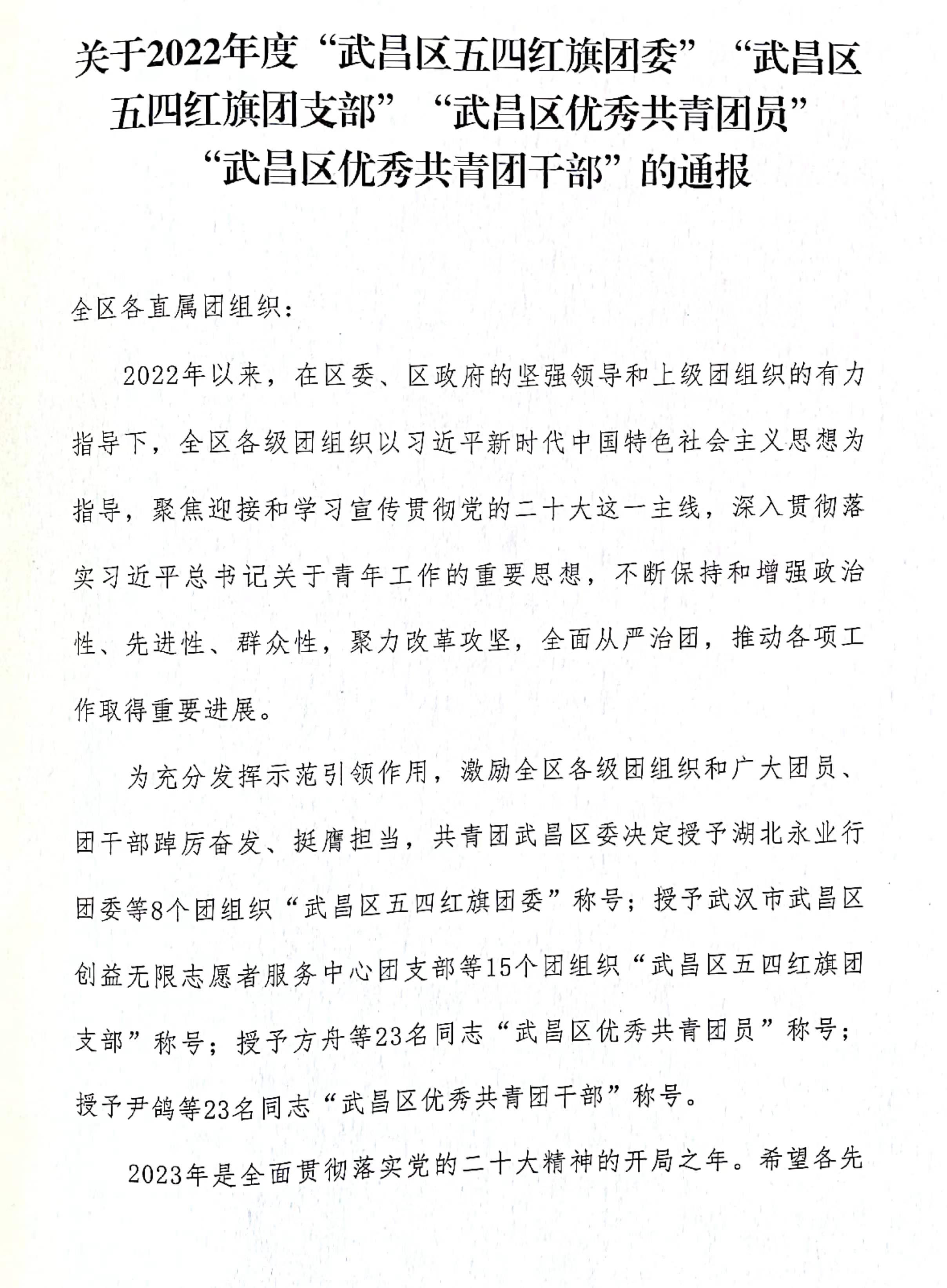 喜報！團武昌區委表彰我校四個先進集體和個人！